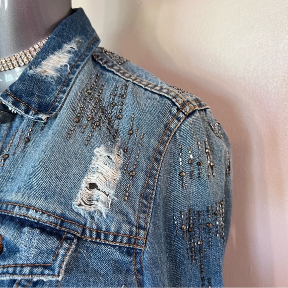 ZARA | Blue beaded distressed dressy spring summer denim rare jean jacket coat - Picture 10 of 16